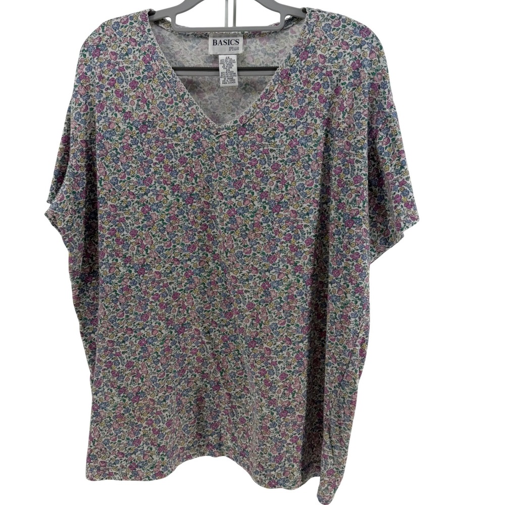 Basics Plus Top Women‎ 2X Multicolor Floral V-Neck Short Sleeve Cottagecore Boho
